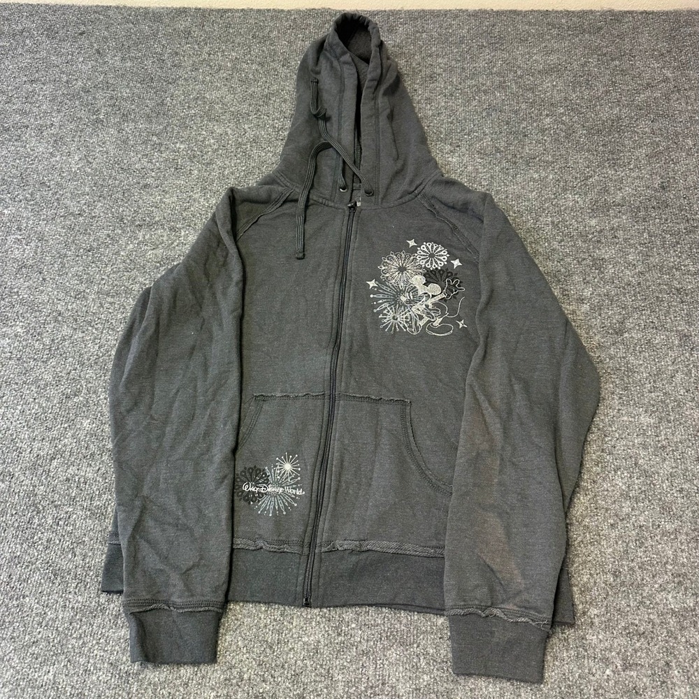 Disney Parks Hoodie Womens Size XL Gray Mickey Mouse Fireworks Zip Up Raw Hem